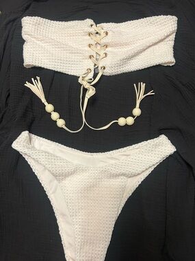 Fashion Nova White Crocheted Lace-Up Bandeau Bikini